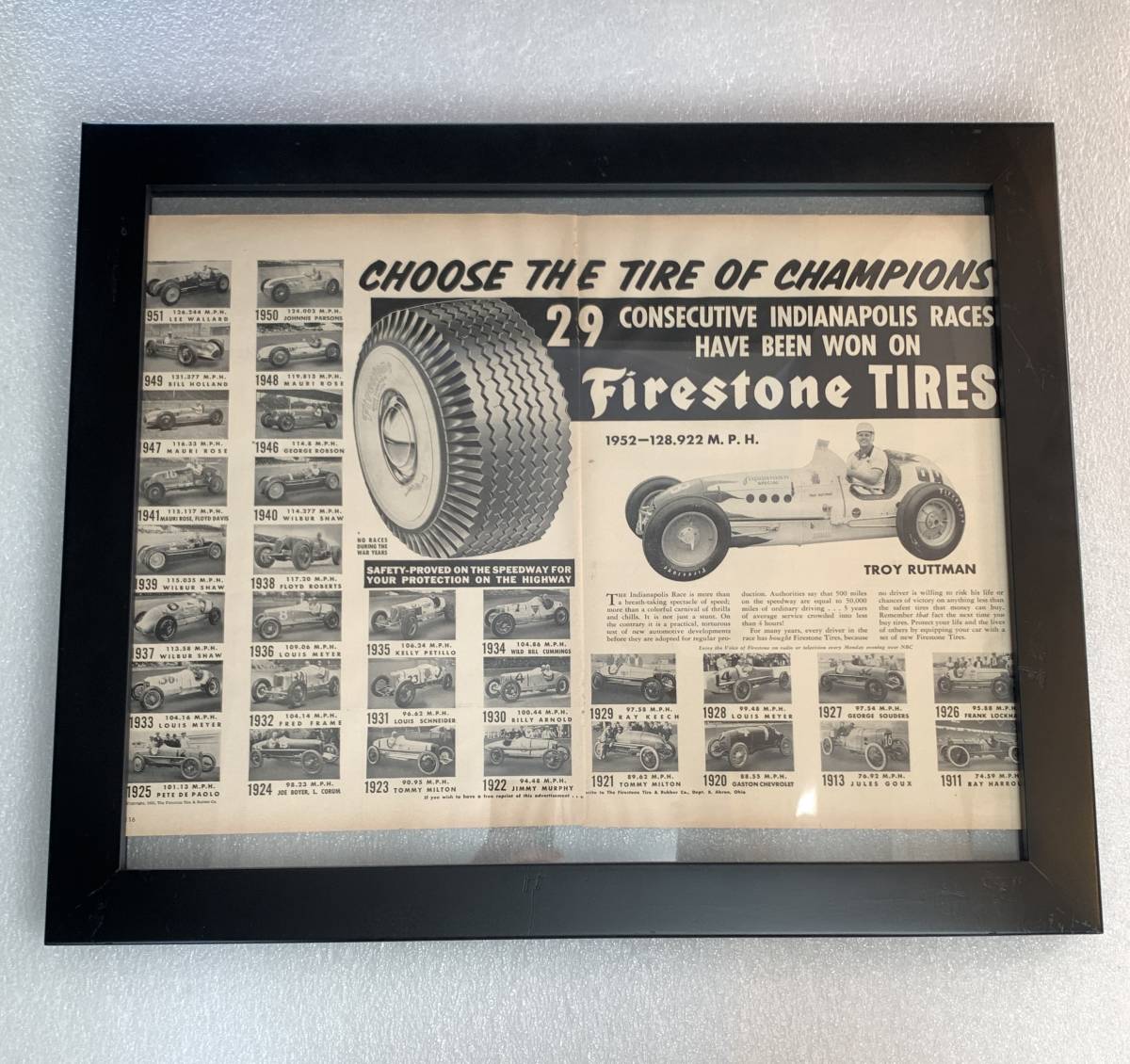 1952年 USA 額装 Firestone ファイヤーストーン インディ レース タイヤ インディアナポリス / ハーレー ガレージ 店舗 看板 HOT ROD FORD_画像1