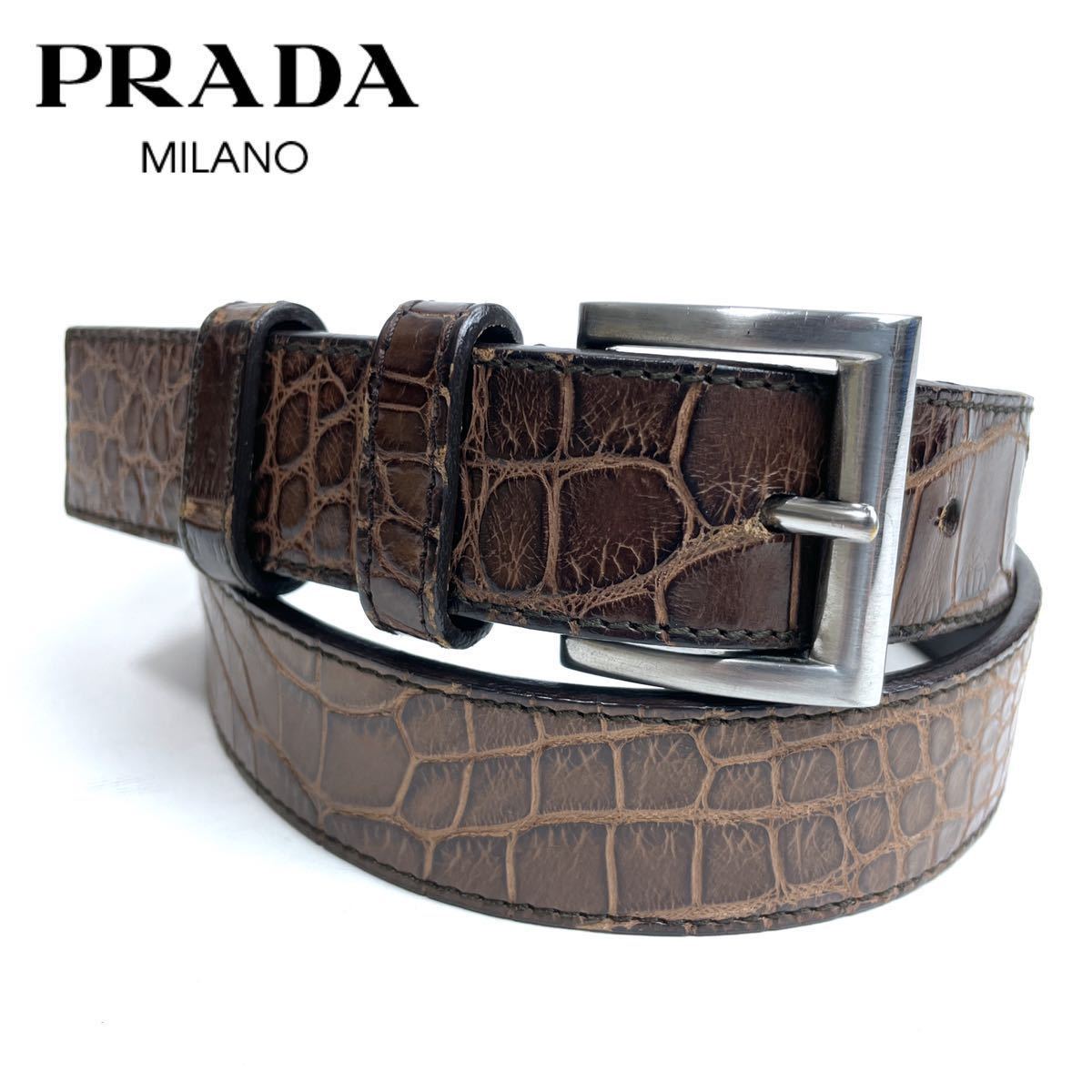 良品◇PRADA プラダ◇イタリア製 シルバーバックル クロコダイル革