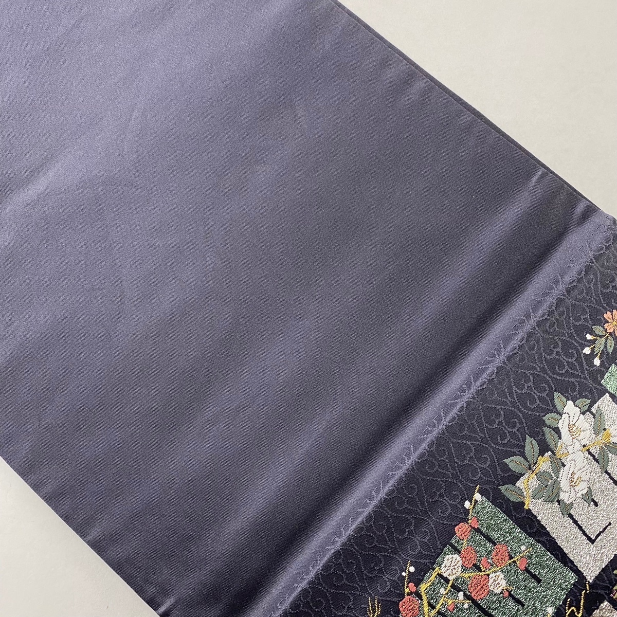 袋帯 美品 名品 源氏香 枝梅 唐織 箔 灰色 六通 正絹 【中古】 商品