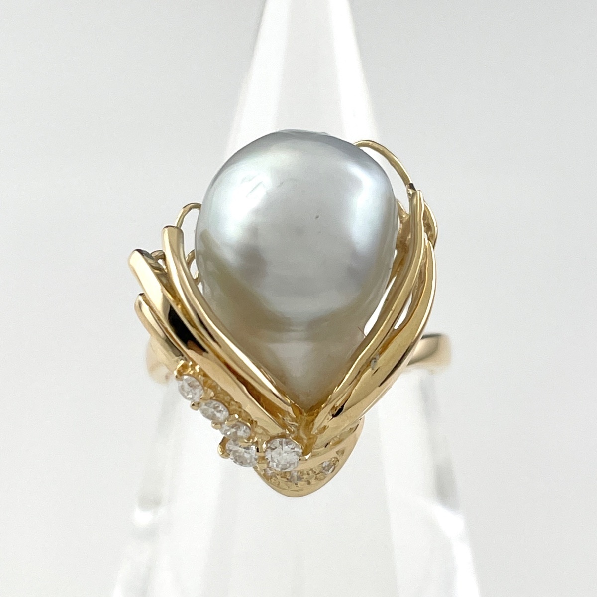 パール デザインリング K18 イエローゴールド 指輪 メレダイヤ 真珠