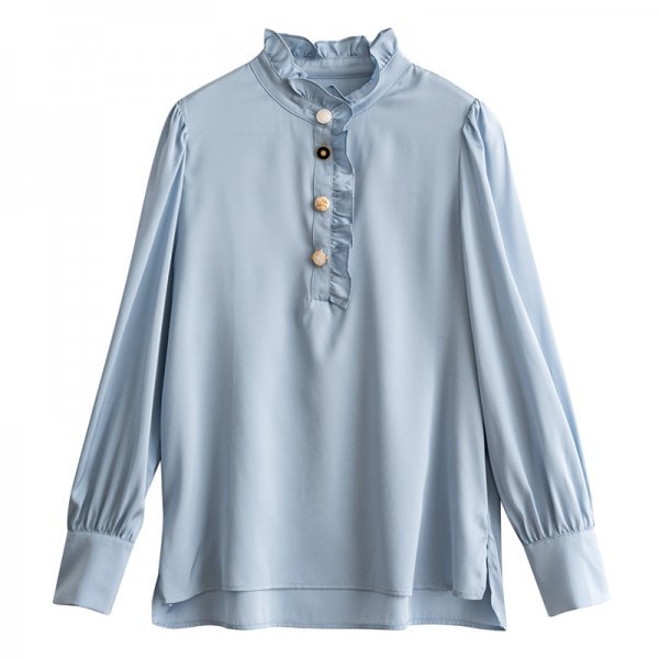 超人気高品質 新品品質おしゃれレディース92％シルクシャツ長袖トップスブルーL Lサイズ