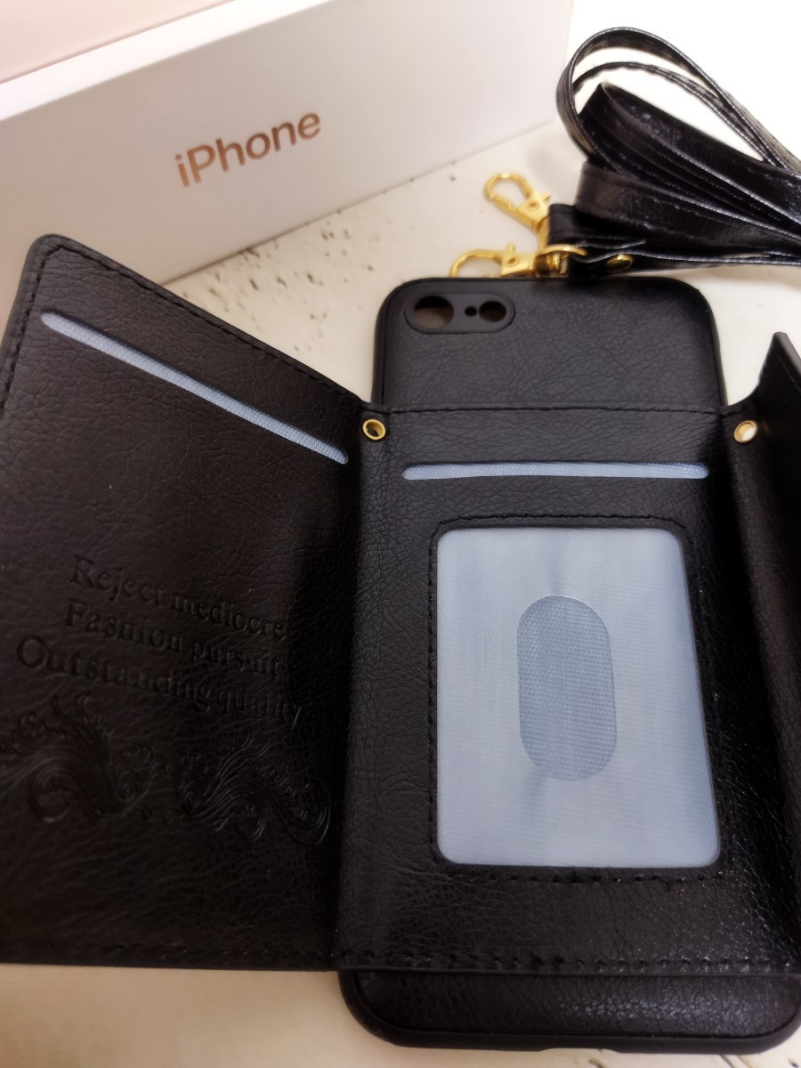 iPhoneSE３SE２７８携帯ケースアイフォンショルダースマホケース　小銭入れ カード収納　スマホスタンド機能付き　レザー　黒