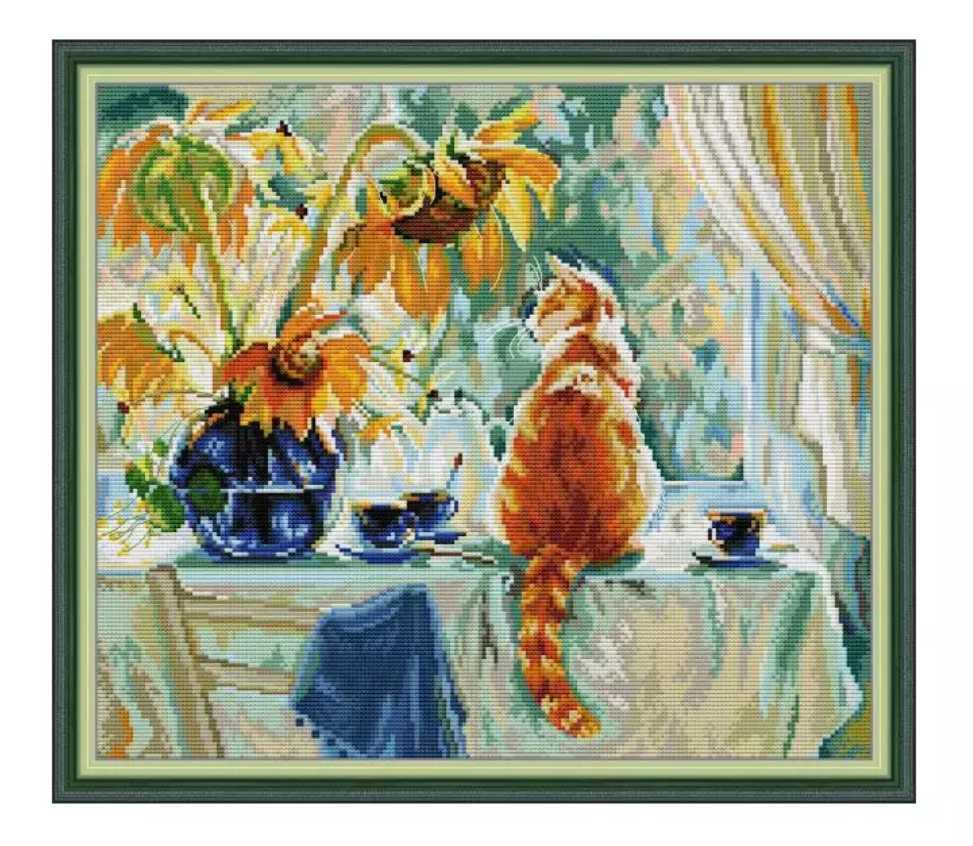 クロスステッチキット 向日葵と猫 14CT 図案印刷あり 43×38cm 油絵 刺繍