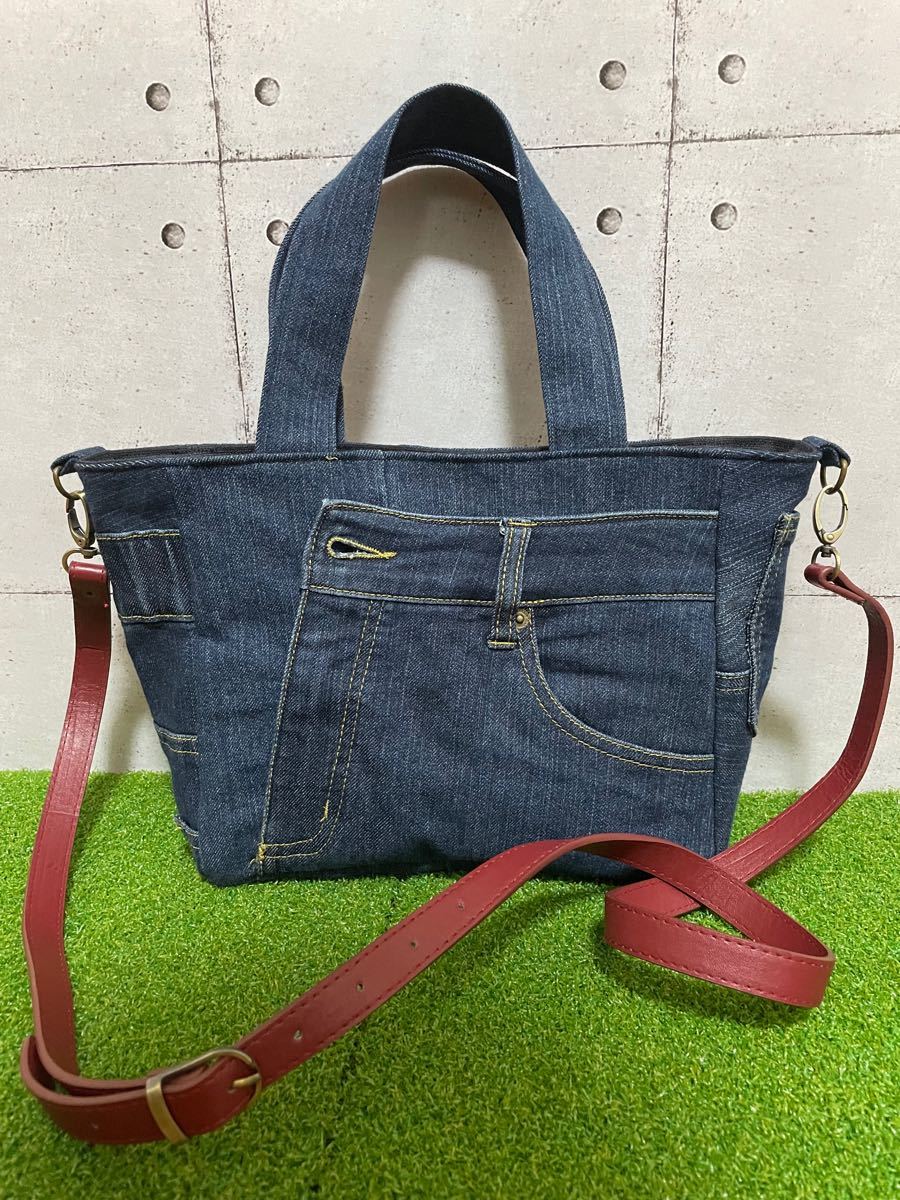 最終値下げ トートバッグ ショルダーバッグ 2way デニムリメイク デニムバッグ