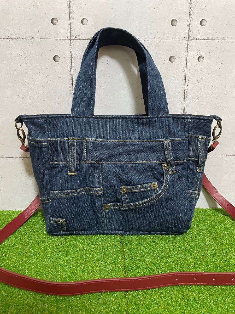 最終値下げ トートバッグ ショルダーバッグ 2way デニムリメイク デニムバッグ