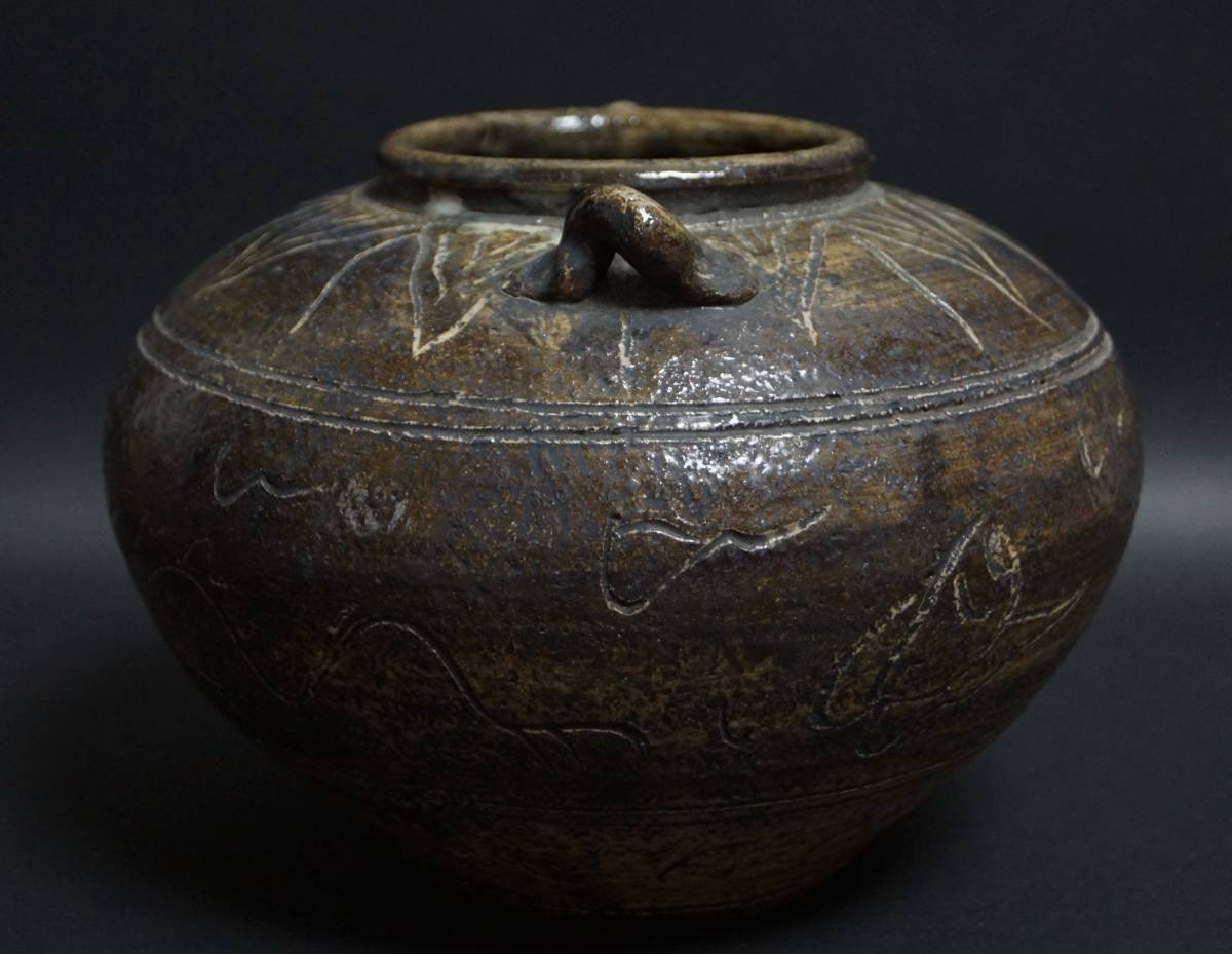 閑】茶道具 伝世 古安南(17~18世紀)釘彫『双龍文』壺 /双耳飾壺 骨董
