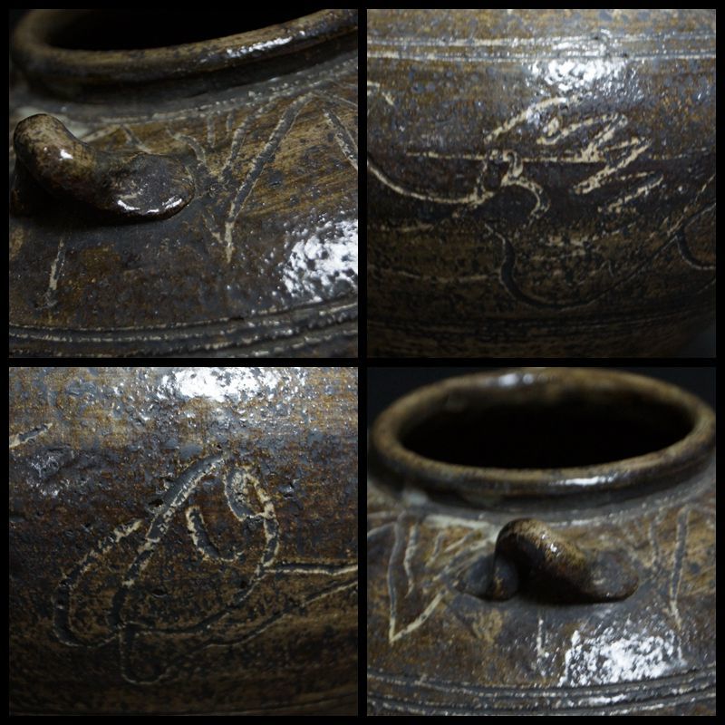 閑】茶道具 伝世 古安南(17~18世紀)釘彫『双龍文』壺 /双耳飾壺 骨董