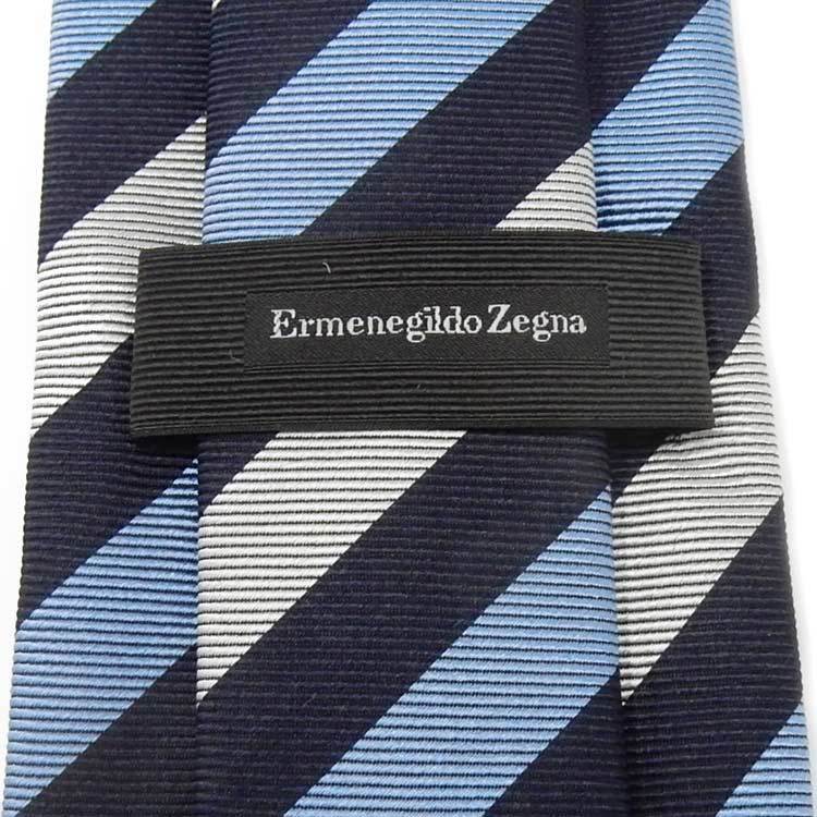 Ermenegildo Zegna　イタリア製ネクタイ　濃紺×薄青×シルバー　ストライプ　シルク100％　ゼニア　EZN43_画像3