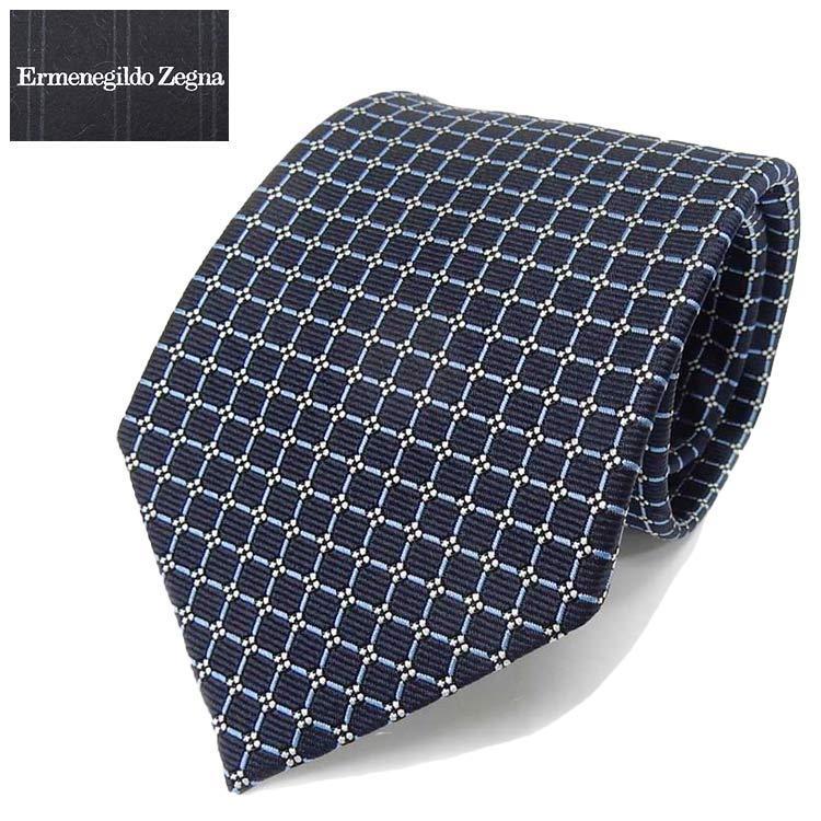 Ermenegildo Zegna　イタリア製ネクタイ　濃紺　小紋格子　シルク100％　ゼニア　EZN37