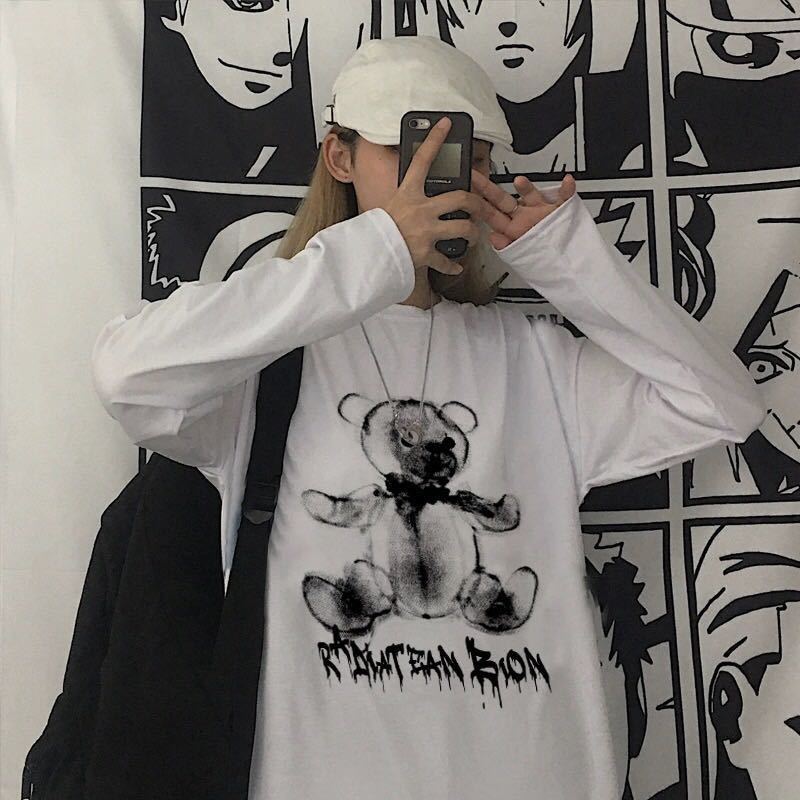 Tシャツ ビッグシルエット 長袖 トップス くま プリント ロングスリーブ シャツ カットソー 原宿系 韓国系 オルチャン ホワイト 白 XL