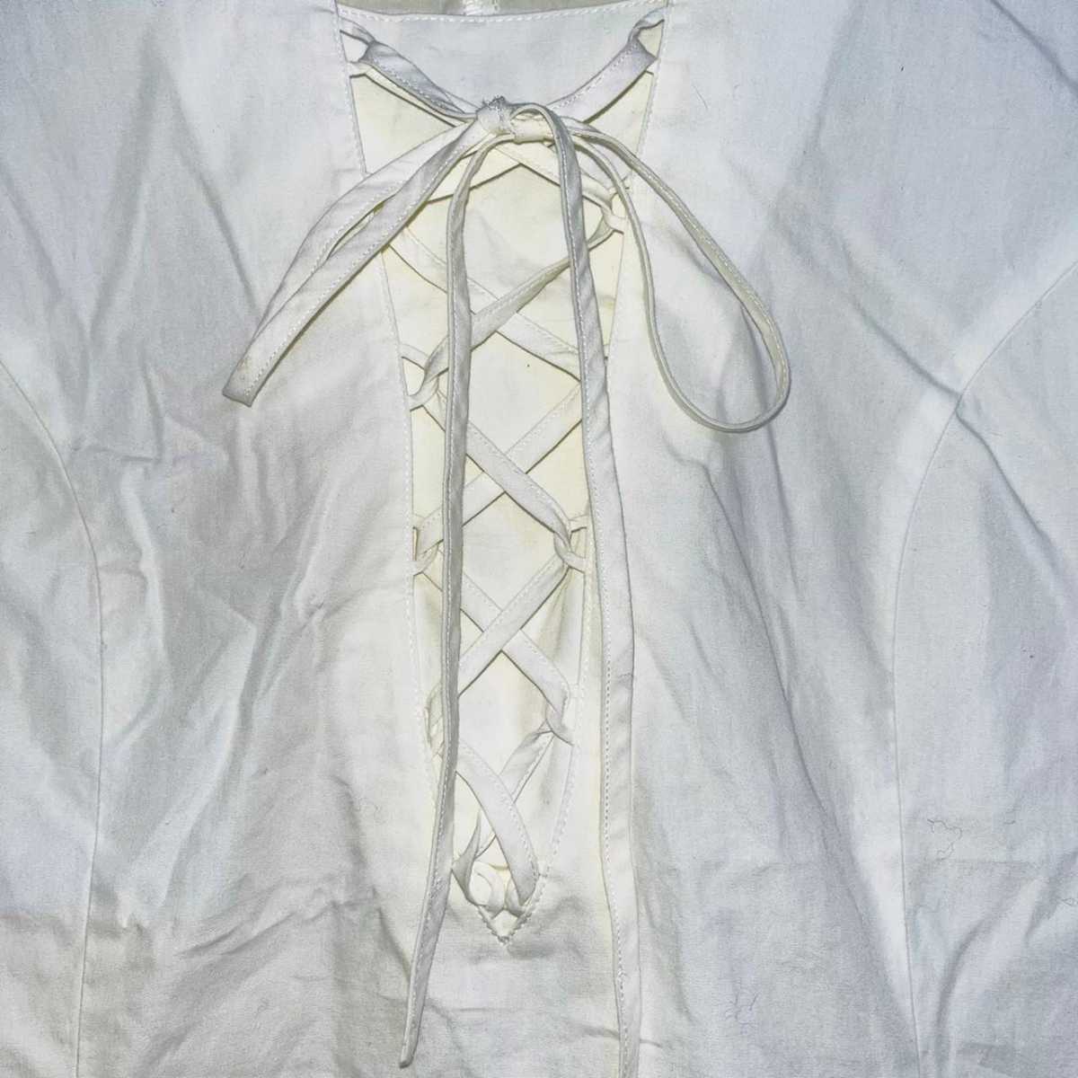 C9247hL made in Japan {ROPE Rope } size M short sleeves blouse shirt race up ivory lady's cotton 100% tunic . origin ribbon 