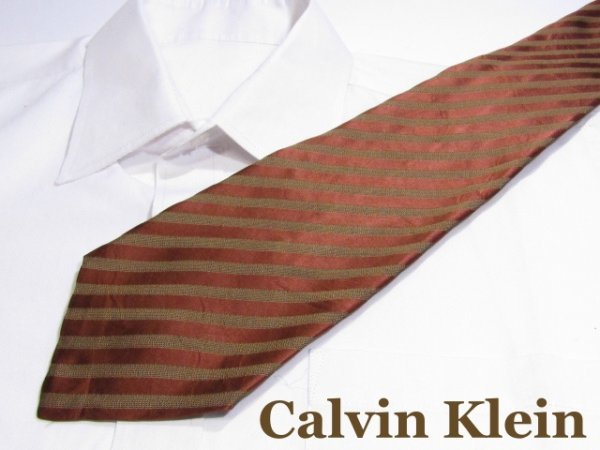 OT 294 カルバンクライン ネクタイ Calvin Klein 茶色系 レジメンタルストライプ ジャガード_画像1
