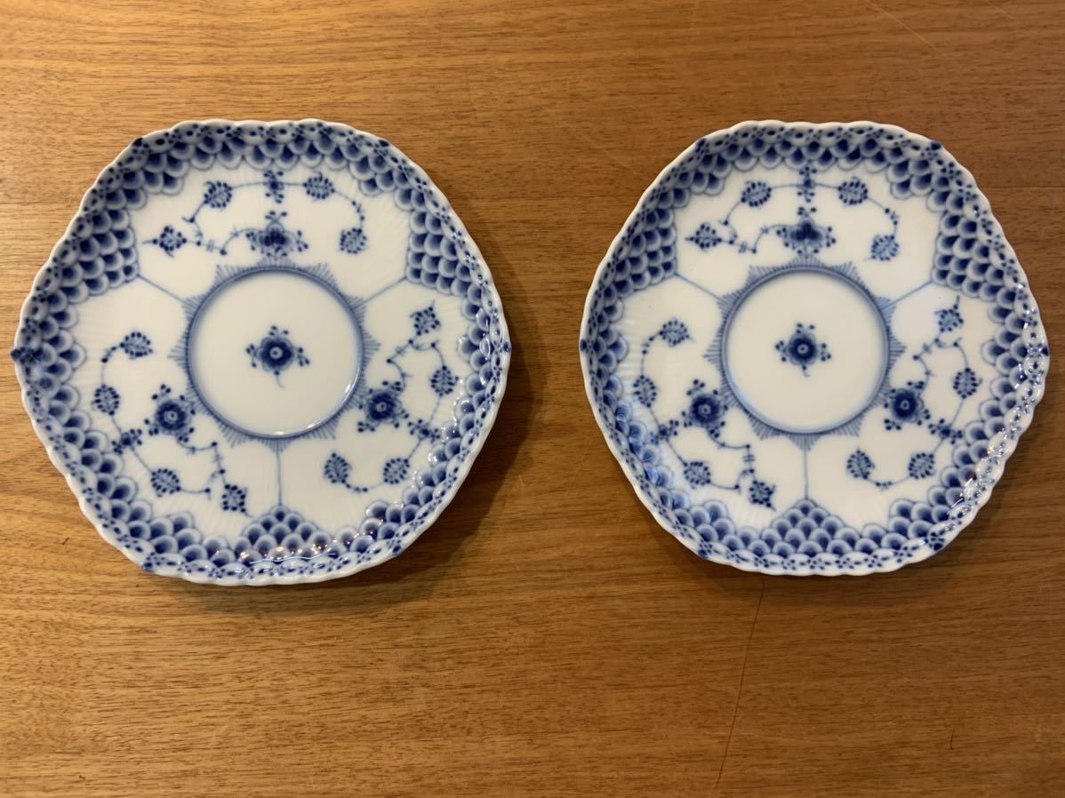 【未使用】ROYAL COPENHAGEN ロイヤルコペンハーゲン ブルーフルーテッド フルレース 顔付 カップ&ソーサー C/S C&S 2客セット まとめて_画像7
