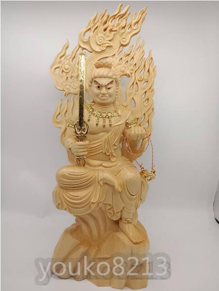 最新作 総檜材 木彫仏像 仏教美術 精密細工 不動明王像 高さ34cm(仏像 