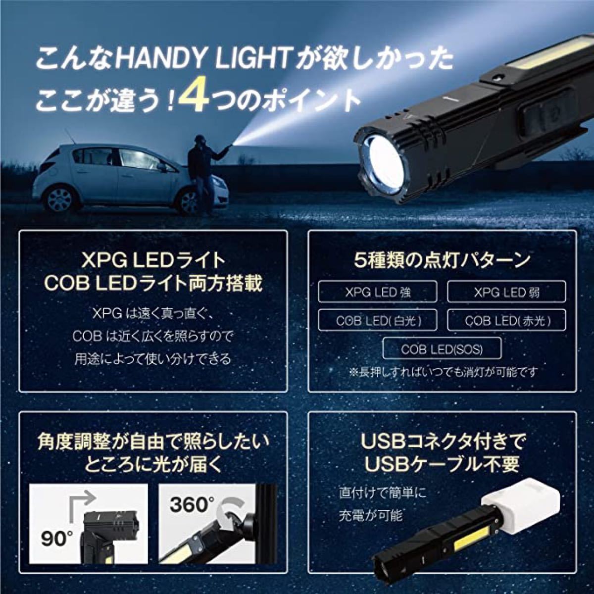 懐中電灯 LED ヘッドライト usb ハンディライト 軽量 防水 高輝度 作業灯