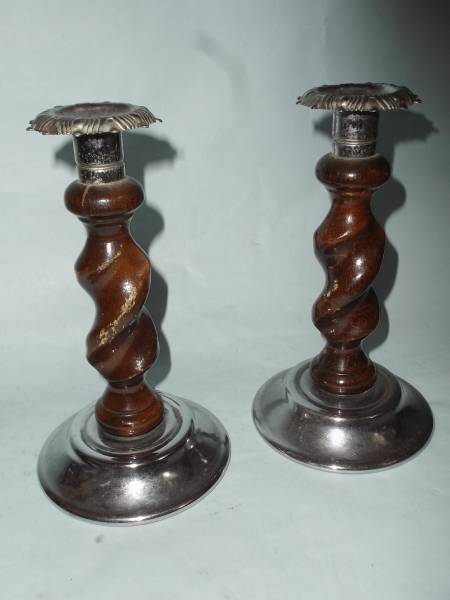  Britain antique wooden pair set candle stand holder . pcs screw . stick bar re- twist barley sugar silver color metal Vintage 