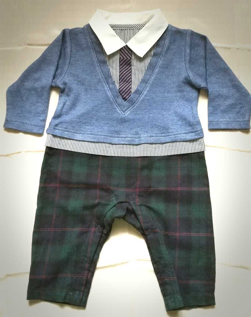 美品　ベビー子供服　ベルメゾン　ロンパース　スーツ風　男の子　７０　トップス/ブルー・インナー/シャツ風　ボトム/タータンチェック　_画像1