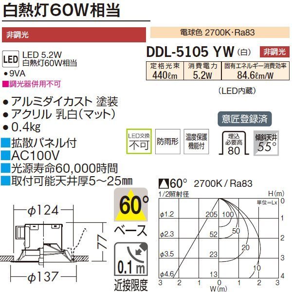 DAIKO DDL-5105YW ダウンライト ベースダウンライト 屋内・屋外兼用 JAN 4955620625453 HAzaiko jyutaku_画像3