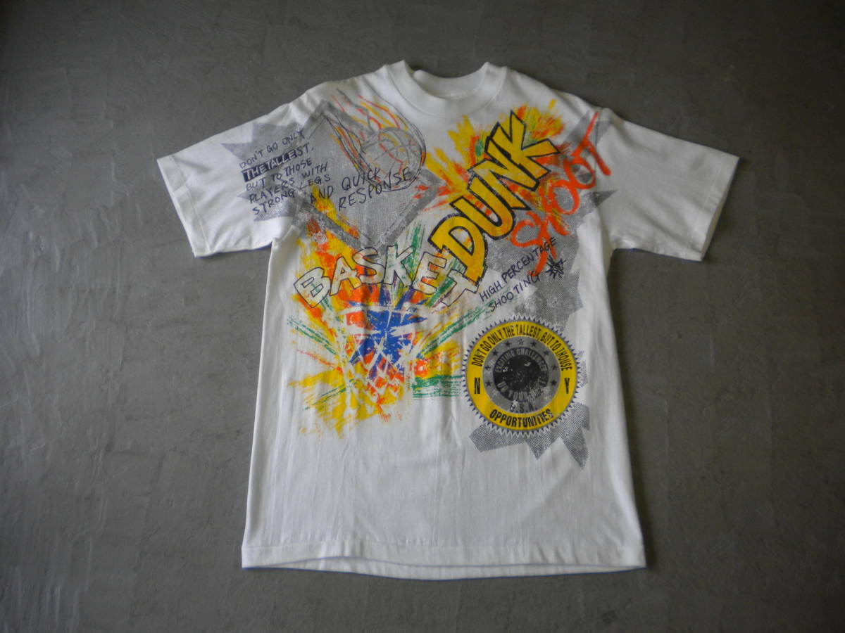 ① 90S ビンテージ バスケットボール ダンク バスケ デザイン Tシャツ アート アメリカ製 ホワイト M_画像2