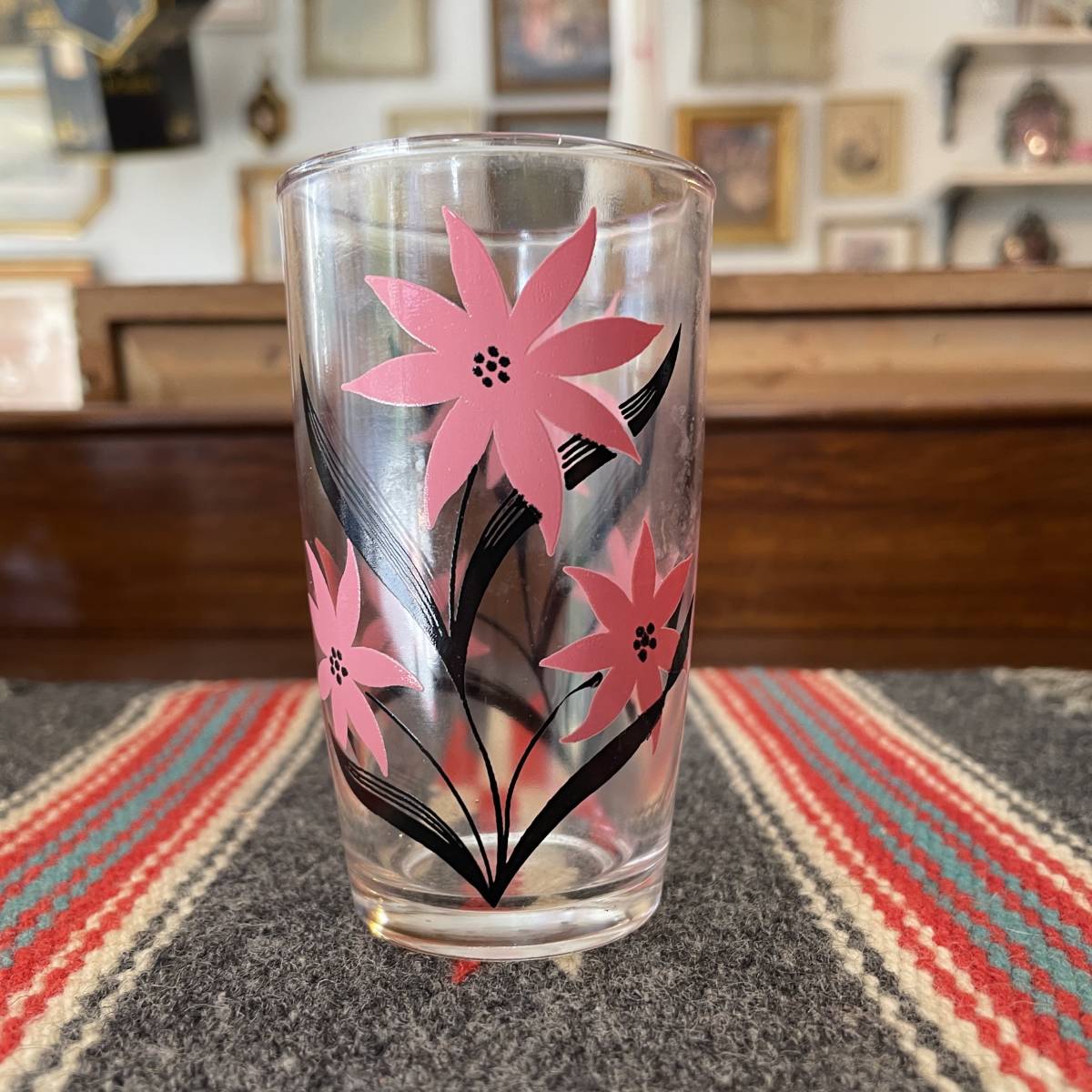  rare!50\'s America antique pink color floral print glass USA Mid-century / west coastal area California furniture Vintage miscellaneous goods 