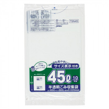 ジャパックス 容量表示入ポリ袋45L レギュラー 白半透明 10枚×60冊 TSN45