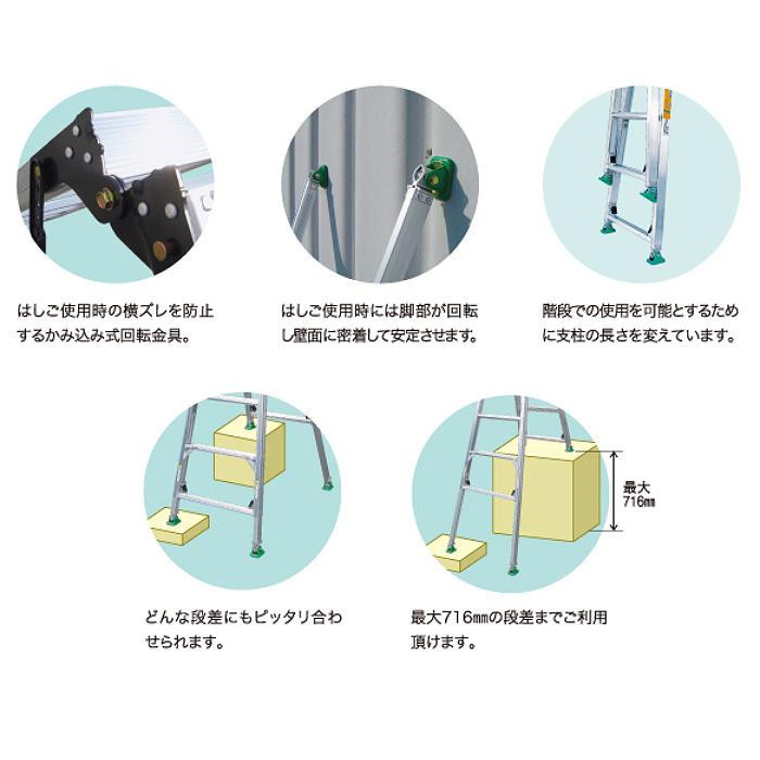 四脚調節式　脚異長はしご兼用脚立　ピッチ　DW120_画像6