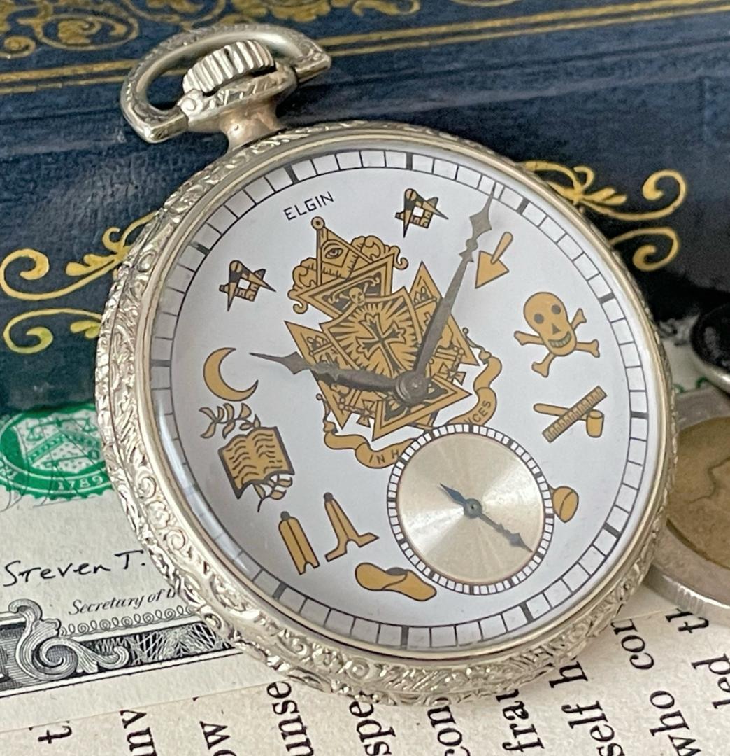 エルジンelgin 金張 フリーメイソン ホワイトゴールド 懐中時計 全商品オープニング価格