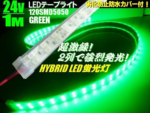 24V 1M 劣化防止 防水カバー付 2列 5050 LED テープライト 蛍光灯 緑 グリーン トラック 照明 アンドン サイドマーカー 切断可_画像1