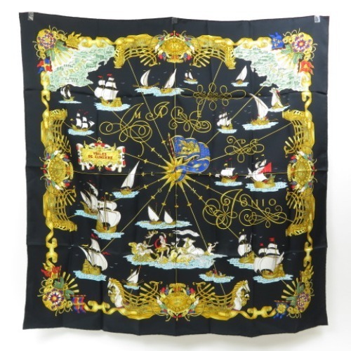 72985☆ HERMES エルメス 未使用 カレ90 スカーフ シルク 船 マルチ