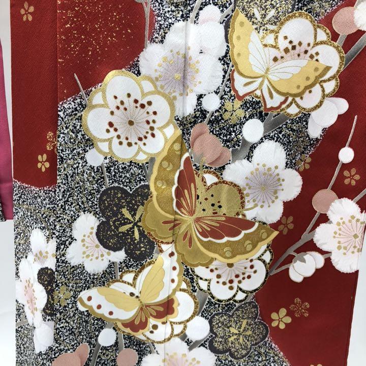 1616　梅　蝶々　たたき染め　振袖　襦袢付き　赤蘇芳_画像7