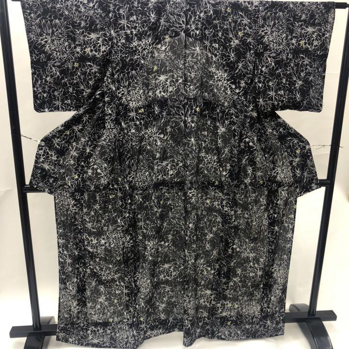 クリスマスツリー特価！ 1608 絽 小紋 着物 黒 花 素敵 正絹 夏 仕立て上がり