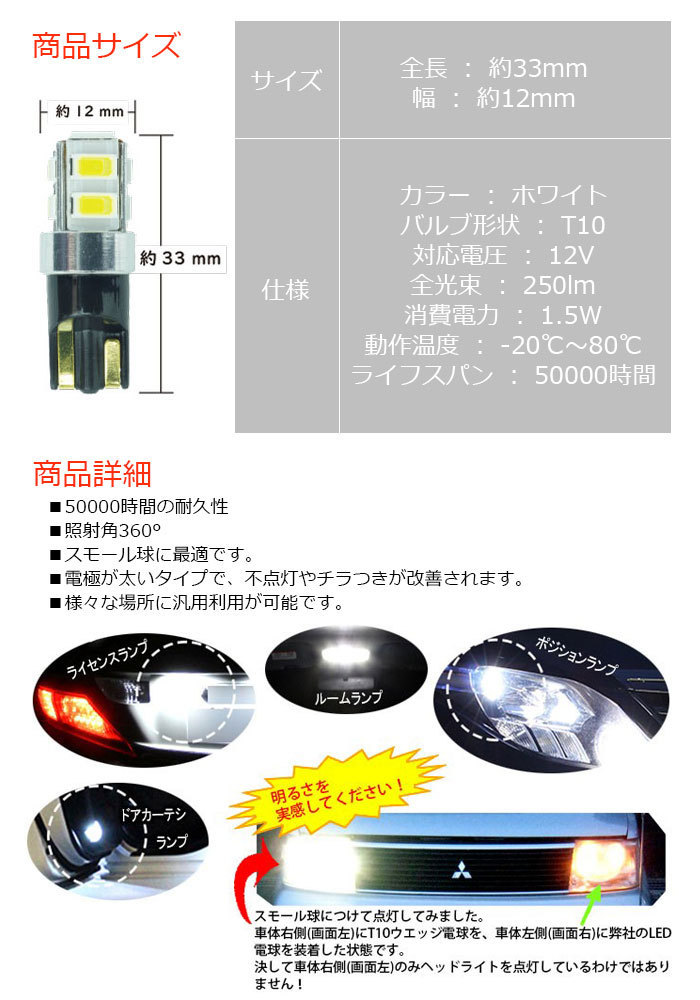 【送料無料】 T10タイプ LEDバルブ ホワイト ギャランフォルティス CY4A ポジション用 2コ組 三菱 DG12_画像6