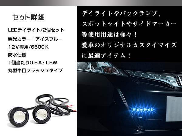 12V 超小型 イーグルアイ LED 18mm スポットライト アイスブルー/水青 フラッシュ 防水仕様！ブラックボディ 牛目 2個セット_画像2