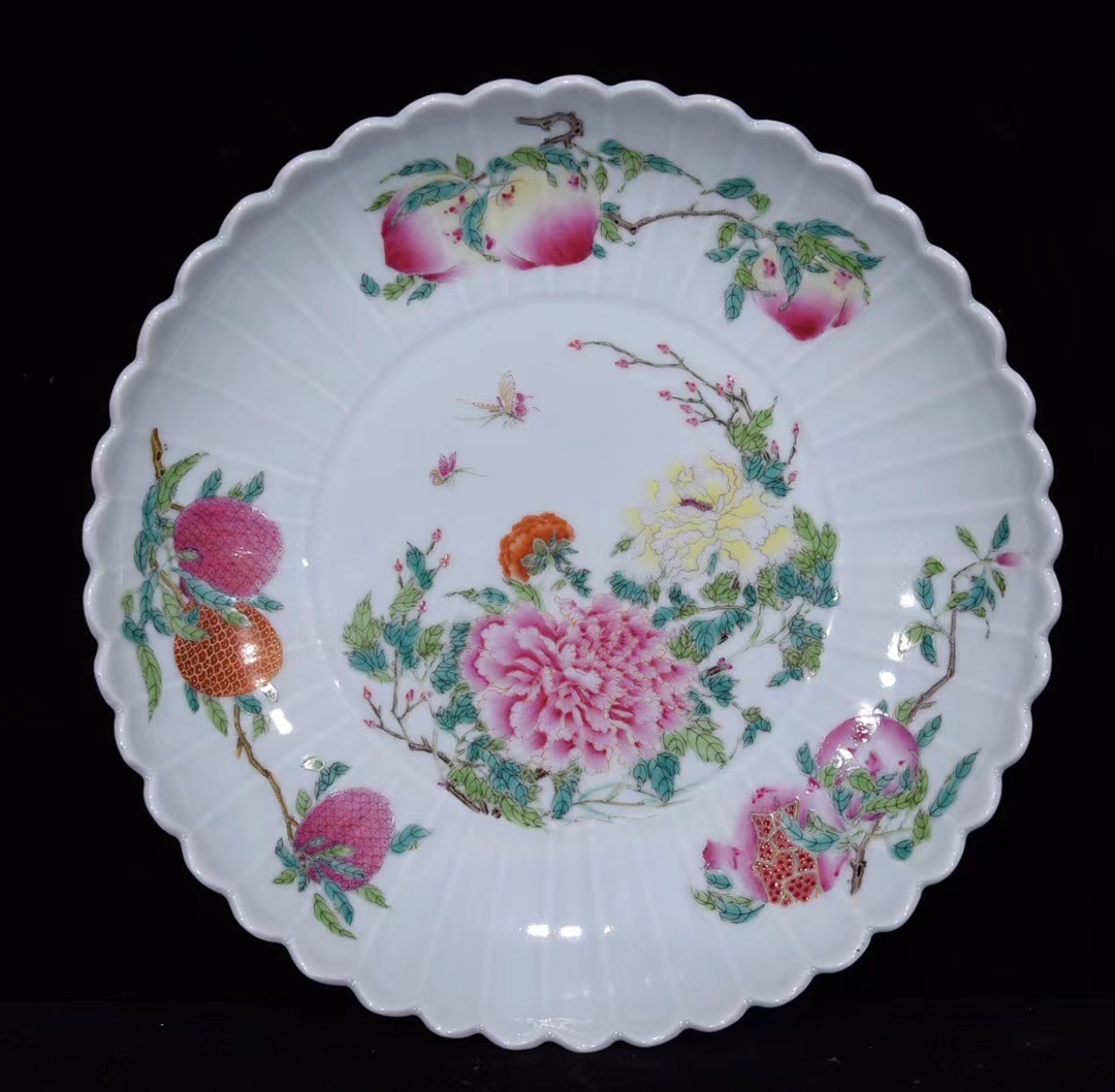 買い保障できる ◆旧蔵◆古美術　清代雍正年製款　粉彩　三多果牡丹花卉紋盤　時代物　T08 清