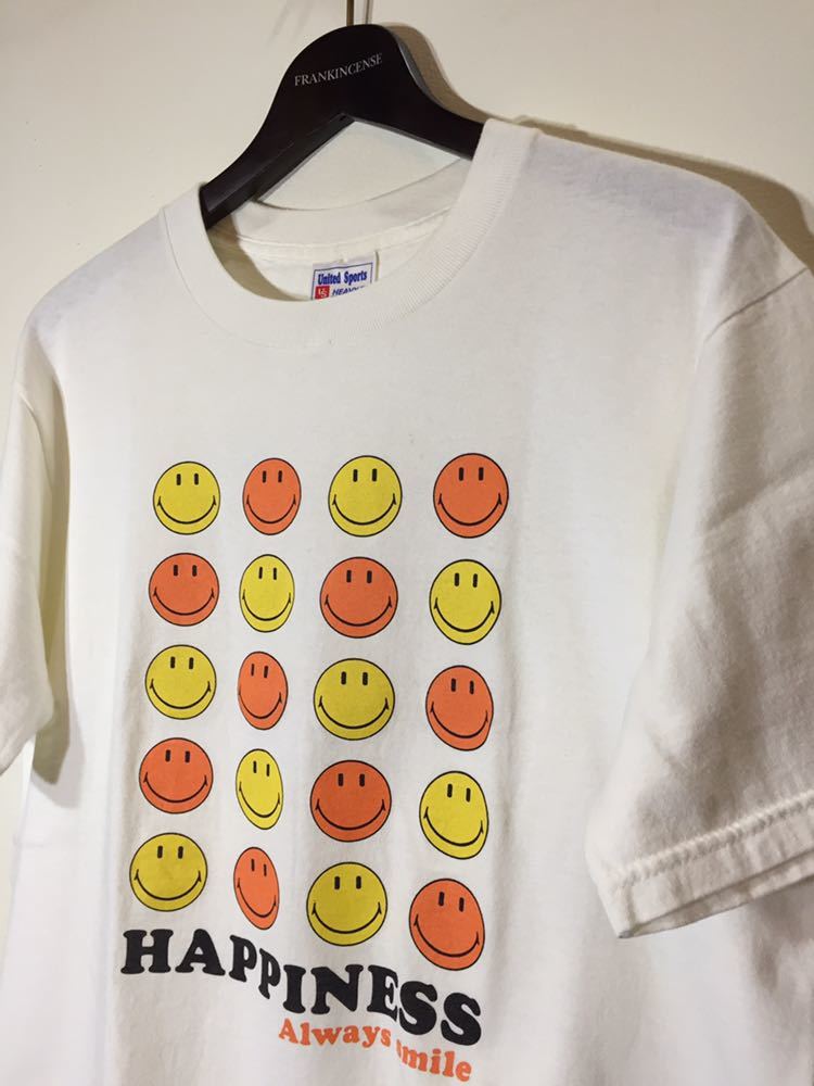 90's USA製 old vintage United Sports タグ HEAVY-T HAPPINESS ALWAYS SMILE スマイルマーク ニコちゃん Tシャツ 白 M クルー ホワイト_画像5