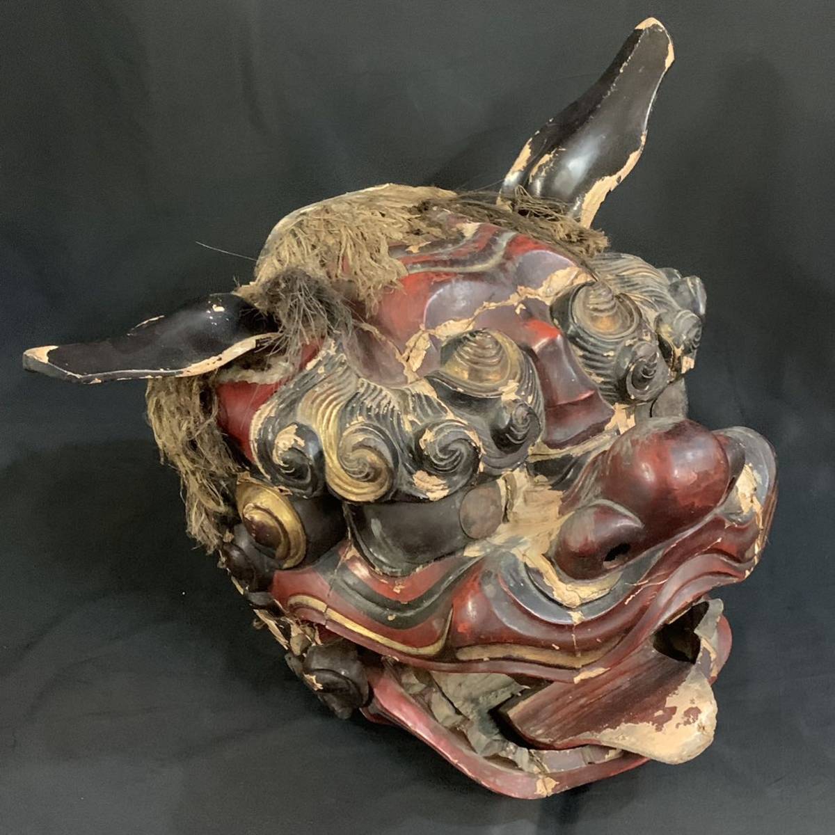 好評 蔵出し 時代物 明治期頃 獅子頭 伝統美術工芸 木彫 魔除け