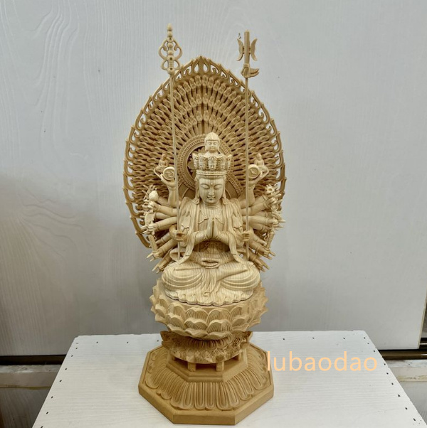 手彫り 千手観音菩薩 仏像 桧木 精密工芸品 仏教美術 置物-