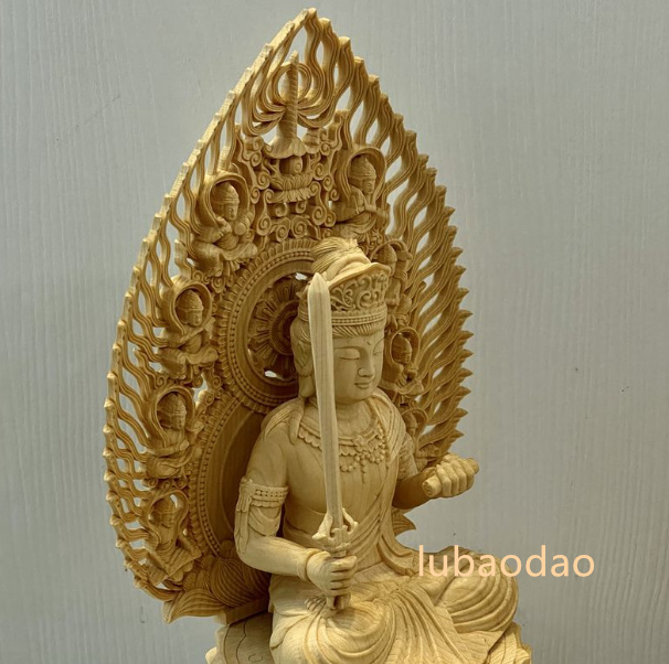 仏教工芸品 文殊菩薩 仏師彫り 精密彫刻 置物 木彫仏像 彫刻工芸品　_画像2