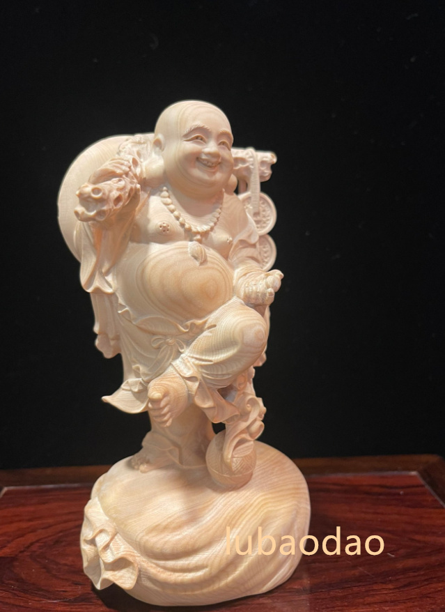 高評価のクリスマスプレゼント 木彫仏像 七福神 布袋様 仏教美術 彫刻工芸品 仏師で仕上げ品 精密細工 仏像