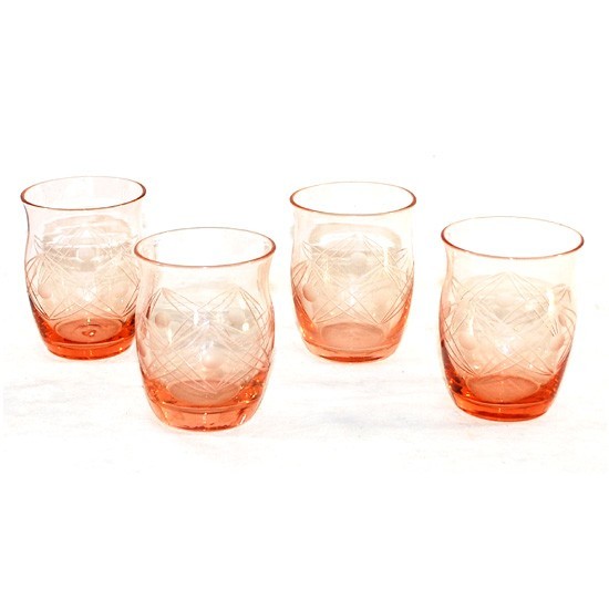 ●1599● 秀品 冷酒・ショットグラスに！◆ 幾何学文様切子 オレンジ色 グラス 4 個◆ 容量：115cc 程の画像1