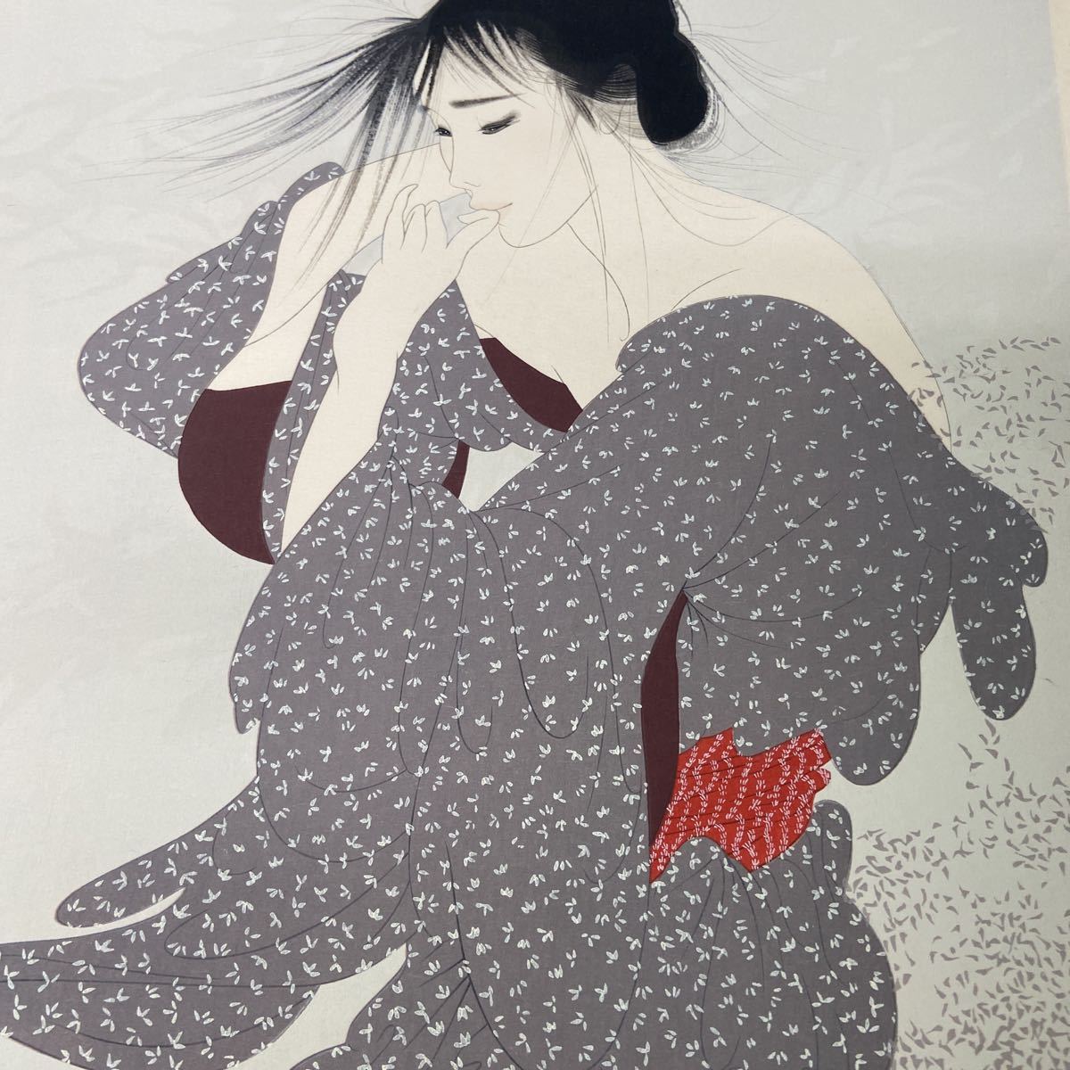 中島潔『風もよう』木版画 人物画 女性画 美人画 童画 少女 本人サイン【版画 絵画】京都版画院 手刷 直筆サイン有 真作_画像5