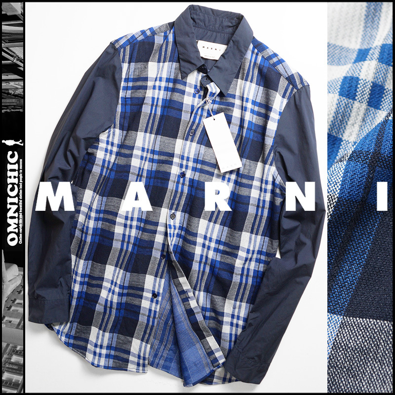■美品10万【MARNI】マルニ清潔感溢れるネイビーチェック切り替えドッキングジャージーシャツ48/M～L程度/ITALY製