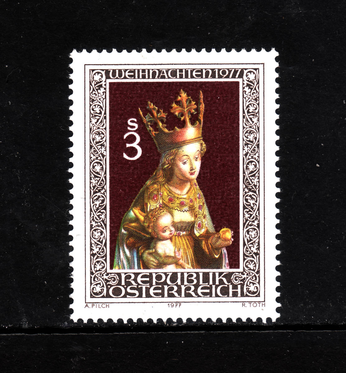 オーストリア.1977年　クリスマス切手　王冠を戴く聖母子　１種完　未使用・NH_画像1