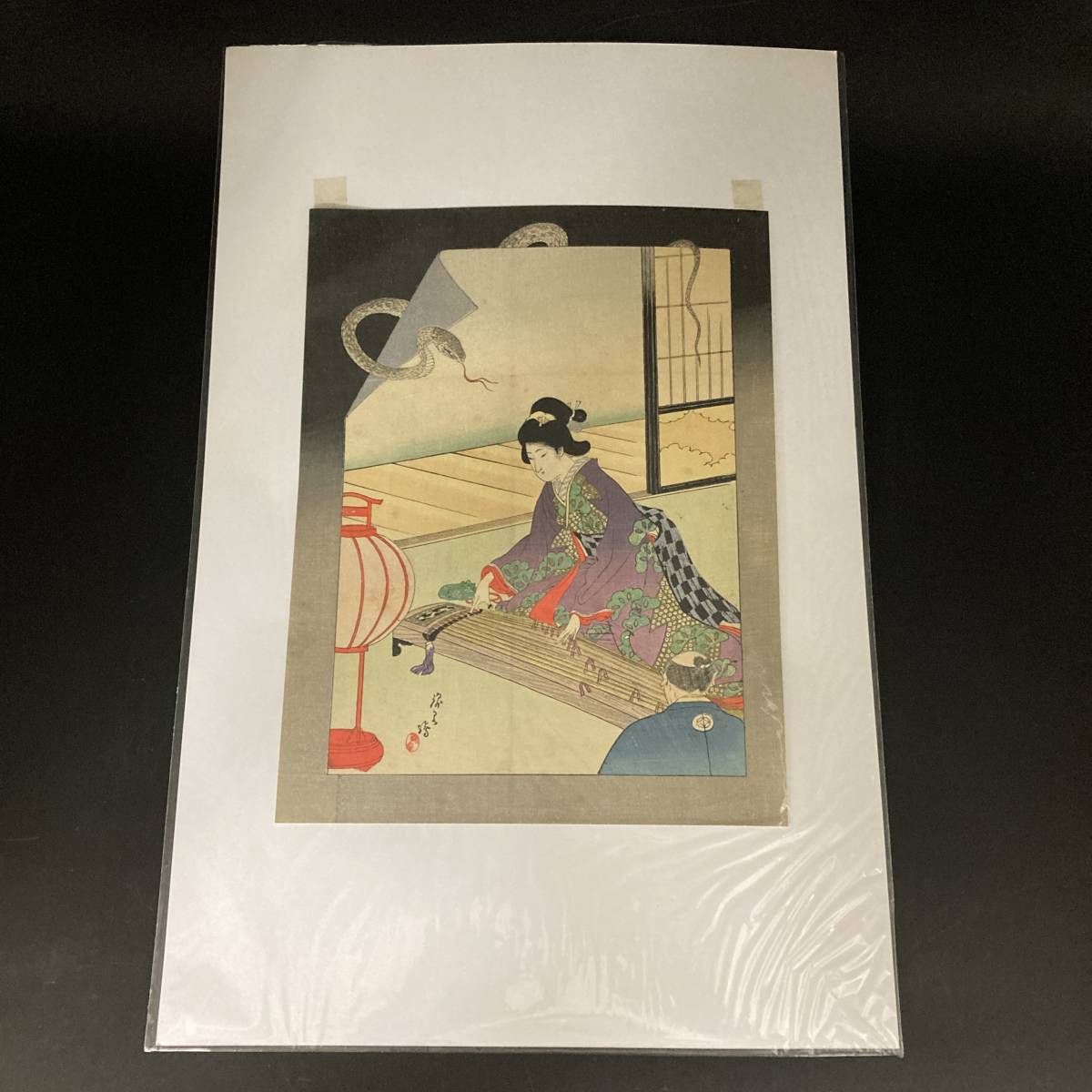 版画『木版口絵 作者不明』着物 蛇 琴 美人画 浮世絵 錦絵 美術 版画『木版口絵 作者不明』着物 蛇 琴 美人画 浮世絵 錦絵 美術