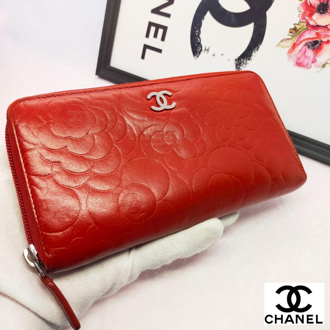美品 CHANEL カメリア 長財布 赤 ラウンドファスナー カード大量-