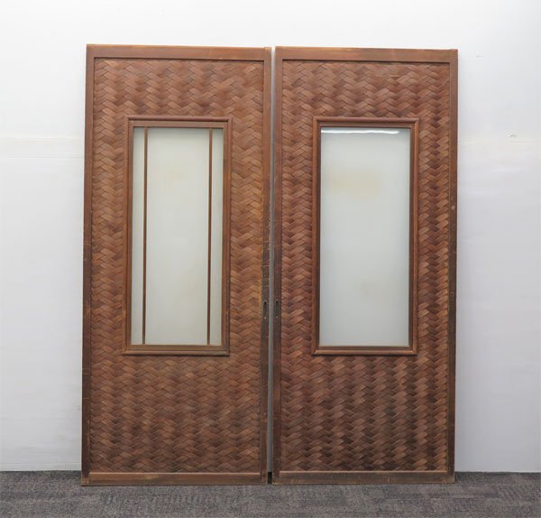 ◎引取限定 時代建具 網代 ガラス戸 引き戸 2枚組 / 幅73cm / 板戸
