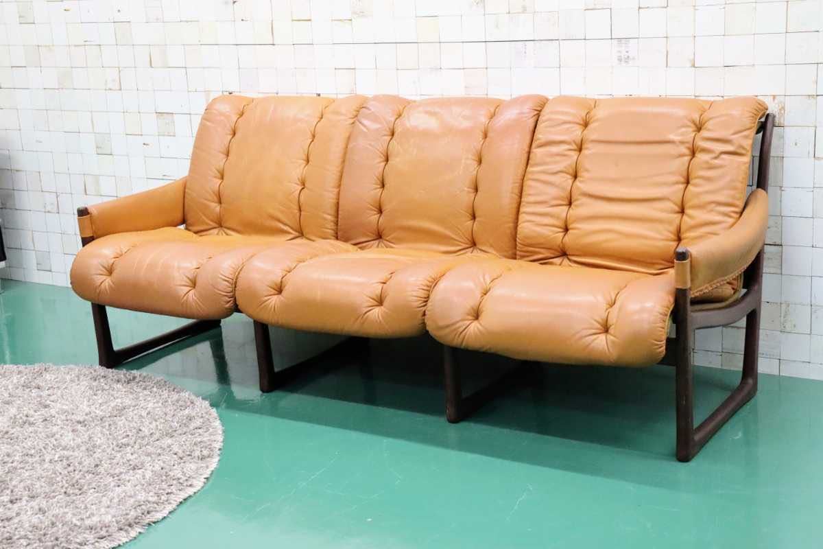 GMFT19C○北欧ヴィンテージ 3人掛けソファ トリプルソファ 本革 ローズ