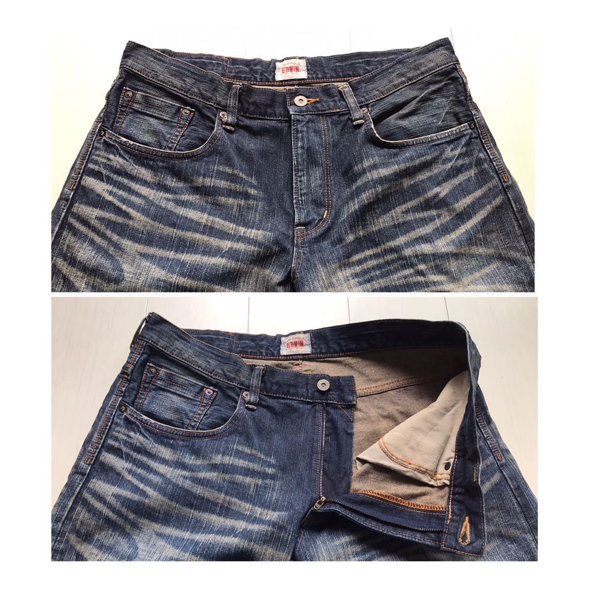[ prompt decision ]W36 Edwin EDWIN exclusive Vintage used hige processing length .. Denim made in Japan cotton 100% hem chain stitch specification ultra sib