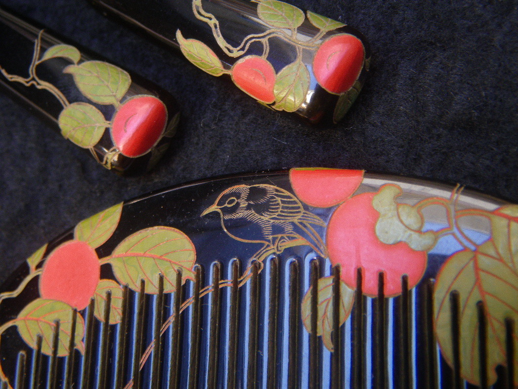 福袋セール】 木製 かんざし 簪 髪飾り 柿の木 メジロ 鳥 塗 彫刻 櫛