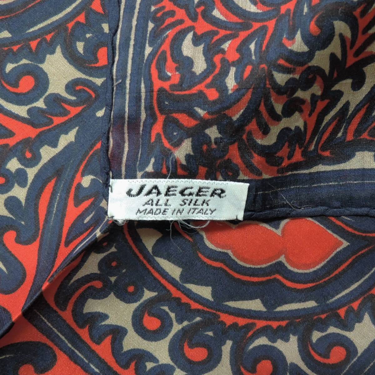 美品 vintage イエーガー JAEGER イタリア製 シルク 100% 総シルク スカーフ 総柄 小物 ネイビー レッド ヴィンテージ 6721_画像4